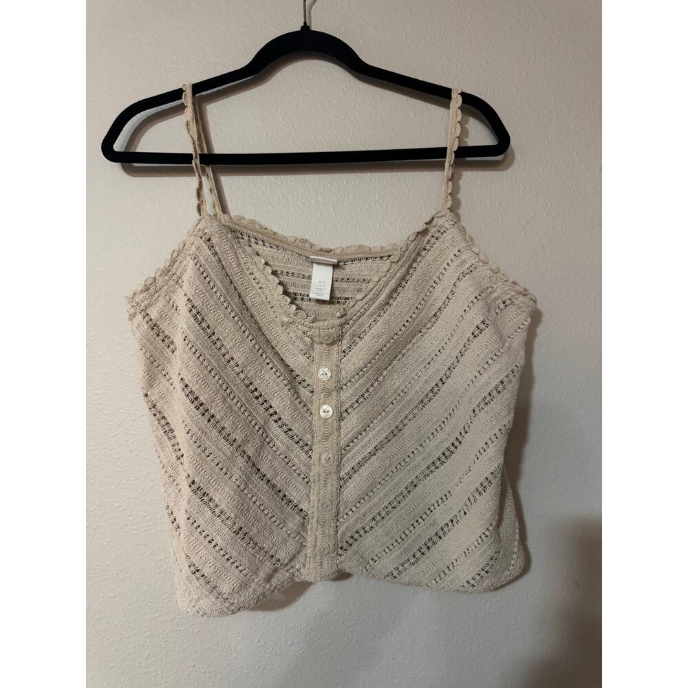 H&M Crochet Knit Tank Top XL Cream Boho Cotton Sleeveless Button Front Crop Top